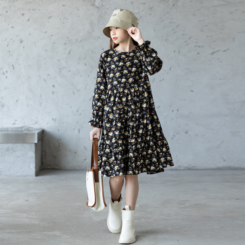 Vestido de manga larga de Otoño de las niñas 2024 Nuevo estilo coreano vestido de princesa floral pastoral para niños falda de estilo occidental para niños grandes