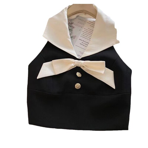Girls 2024 new summer style lapel halter strap chest sweet bow two-button back zipper vest