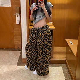 美式复古豹纹抽绳法兰绒睡裤女秋冬加绒保暖宽松显瘦阔腿居家长裤