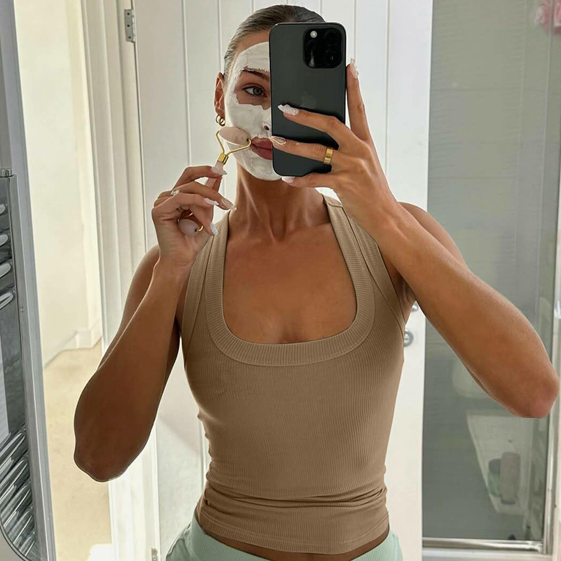 European and American women's new 2025 summer fashion hot girl U-collar solid color slim I-shaped naked small vest women wholesale
