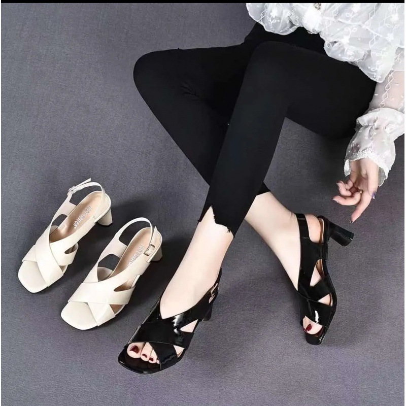 Dép sandal nữ gót dày da bò mềm hở lưng, gót 5 cm — Màu đen (5 cm)