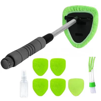 Car cleaning tools, Brush Set - 1-set-five-sided-telescopic-pole-6-green-cloth-covers-spray-bottle-detail-brush