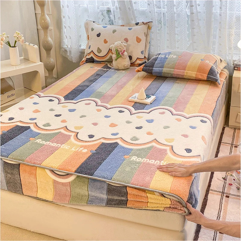 Winter Milk Velvet Bed Cover Single Piece Thickened fleece-lined Snow Velvet Bed Cover Coral Velvet Mattress Protective Cover All-inclusive Bed Sheet