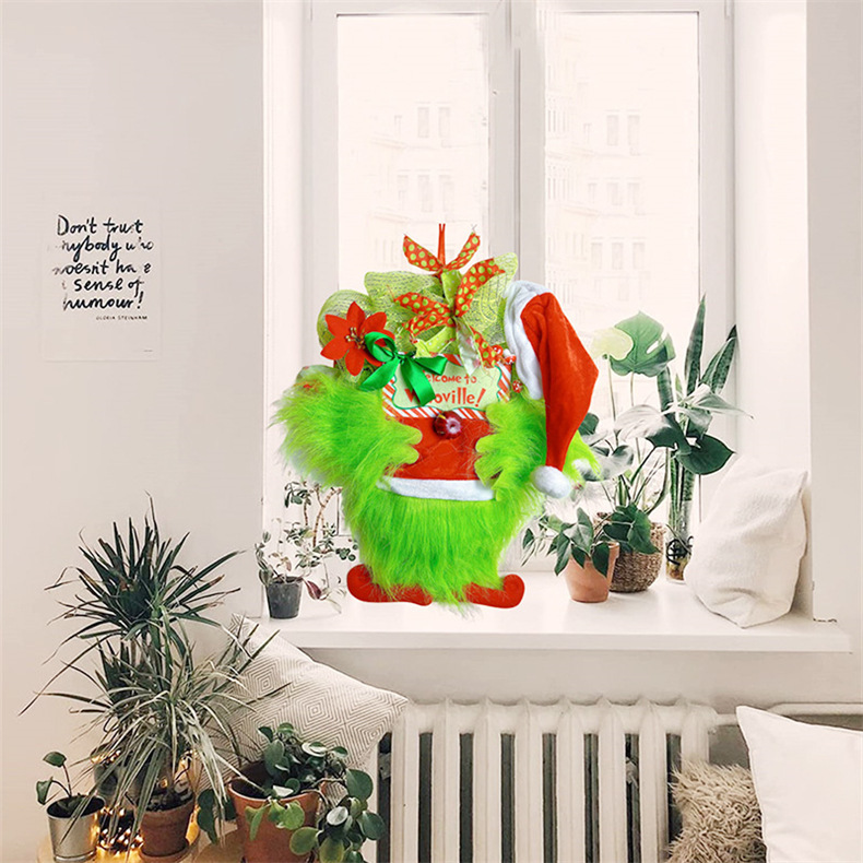Ön kapı çiçek çelengi, Grinch yeşil kürk canavar tarzı simülasyon Noel dekorasyonu asılı süs_voghion.com