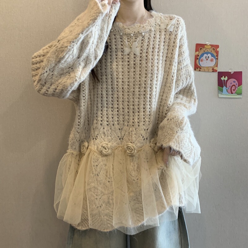 大码女装秋季新款胖妹妹针织时尚宽松显瘦加厚玫瑰蕾丝边上衣|undefined