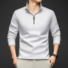2025半高领拉链春秋季中青年男士长袖T恤衫珠地棉立领polo打底衫