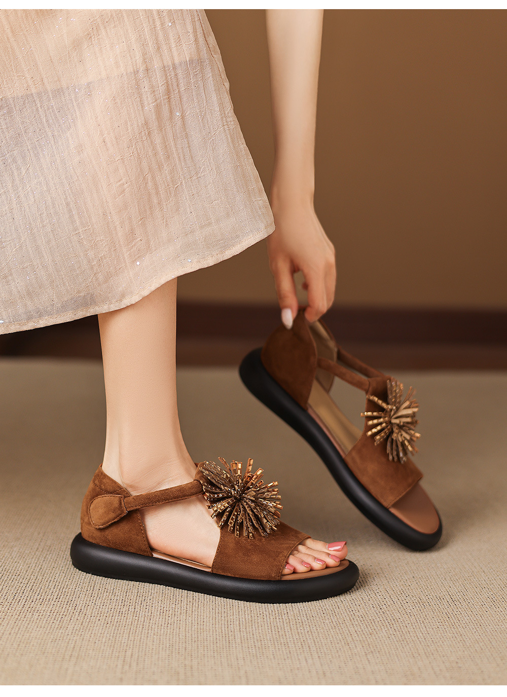 Sandal hở mũi nữ đế dày da cừu đính đá pháo hoa — màu xanh đậm chi tiết 17