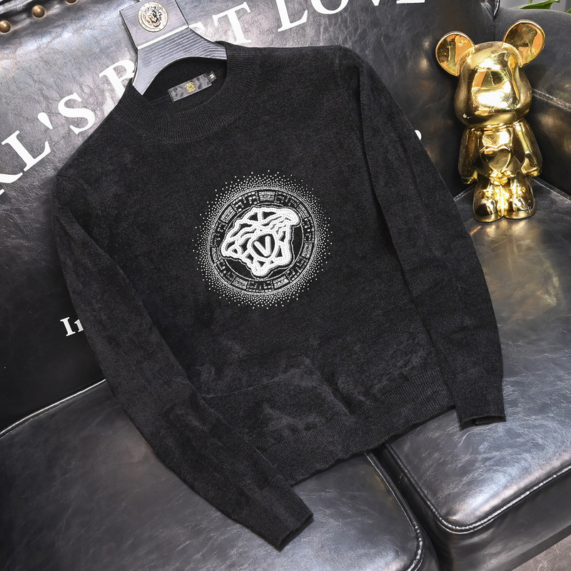 2025 New Autumn and Winter Men's Sweater Velvet Knitted Wool Sweater Round Neck Slim Printed Bottoming Shirt Trendy
