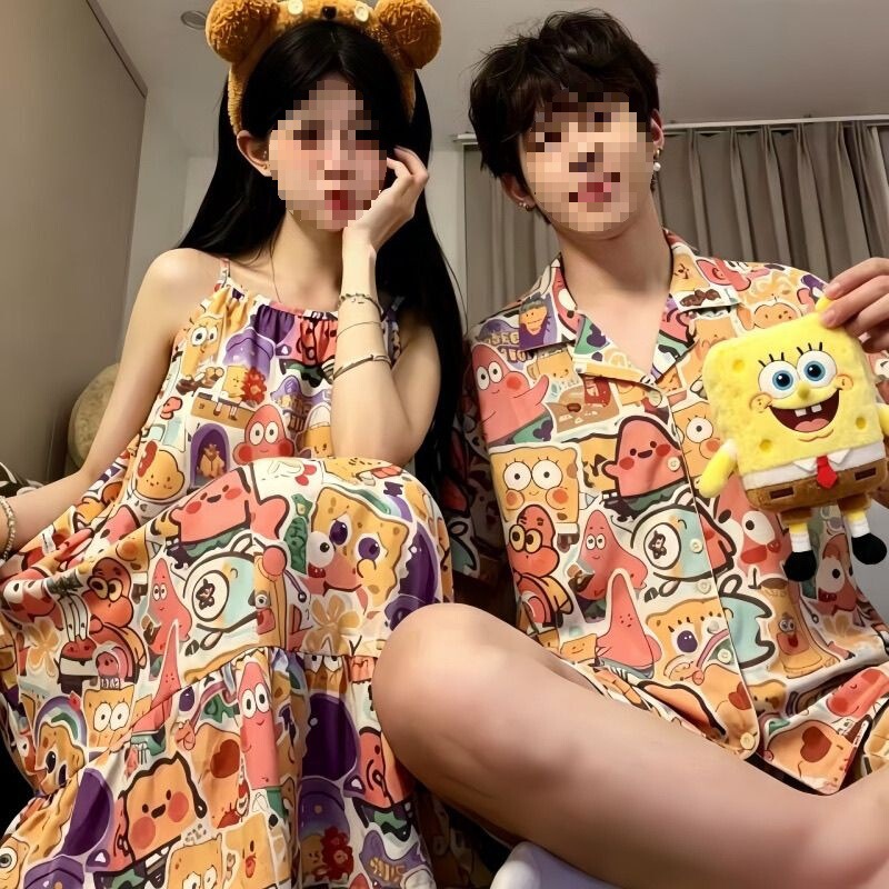 SpongeBob couple pajamas summer ice silk short-sleeve camisole nightdress with chest pad silk men's home wear set