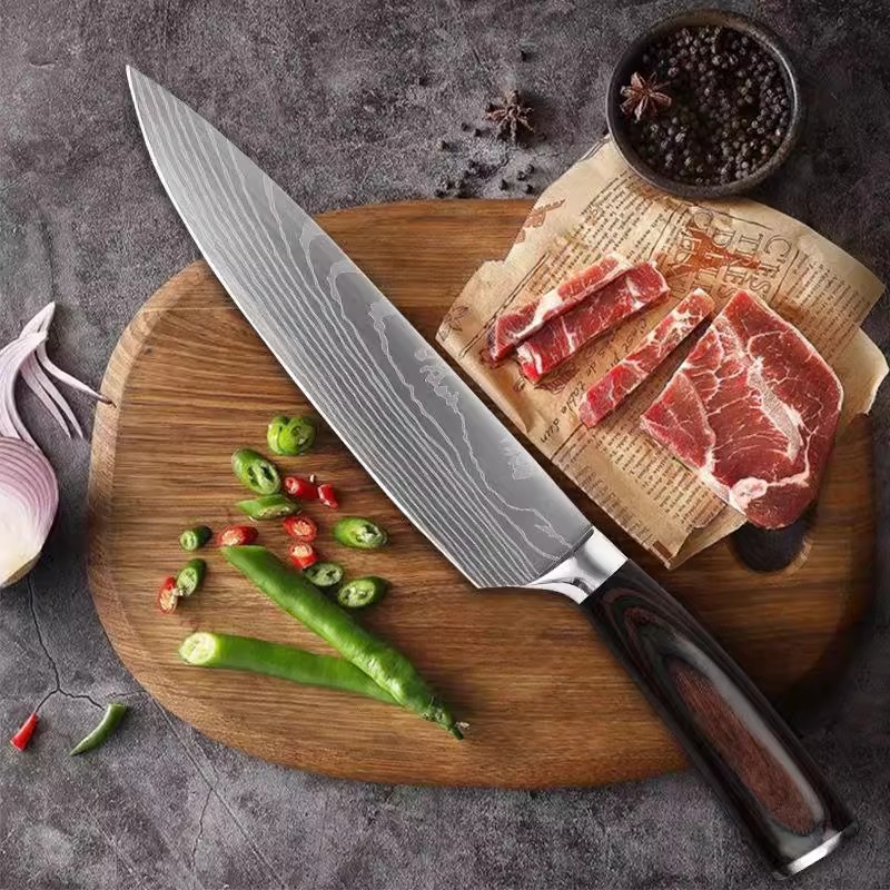 Cross-border in stock wood grain handle Damascus laser grain chef knife fruit knife kitchen knife stainless steel knife suit
