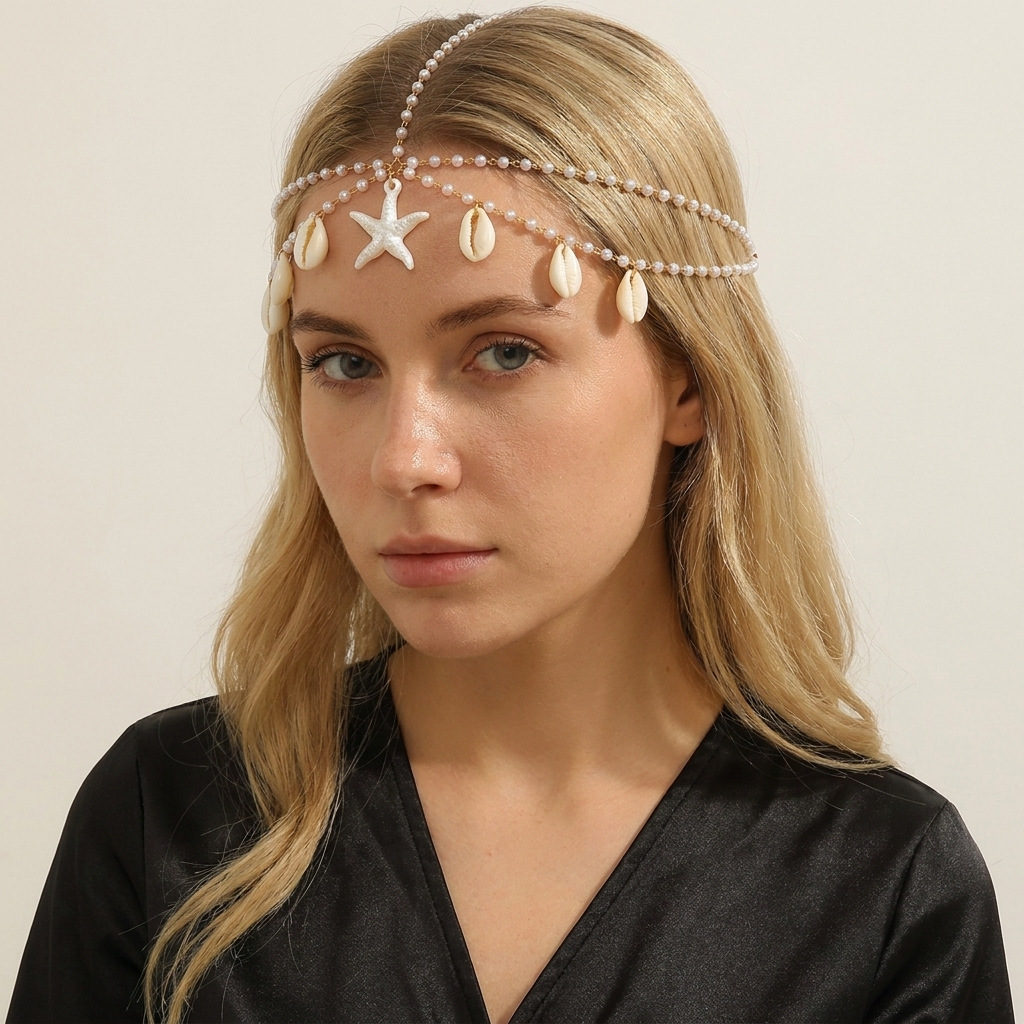 European and American Cross-Border Vacation Style Starfish Shell Pearl Forehead Chain Fashion Versatile Imitation Pearl Tassel Chain Headpiece for Women