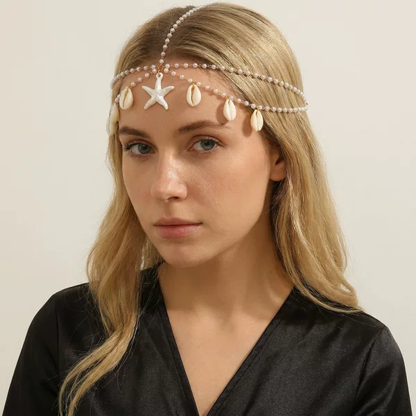 European and American Cross-Border Vacation Style Starfish Shell Pearl Forehead Chain Fashion Versatile Imitation Pearl Tassel Chain Headpiece for Women