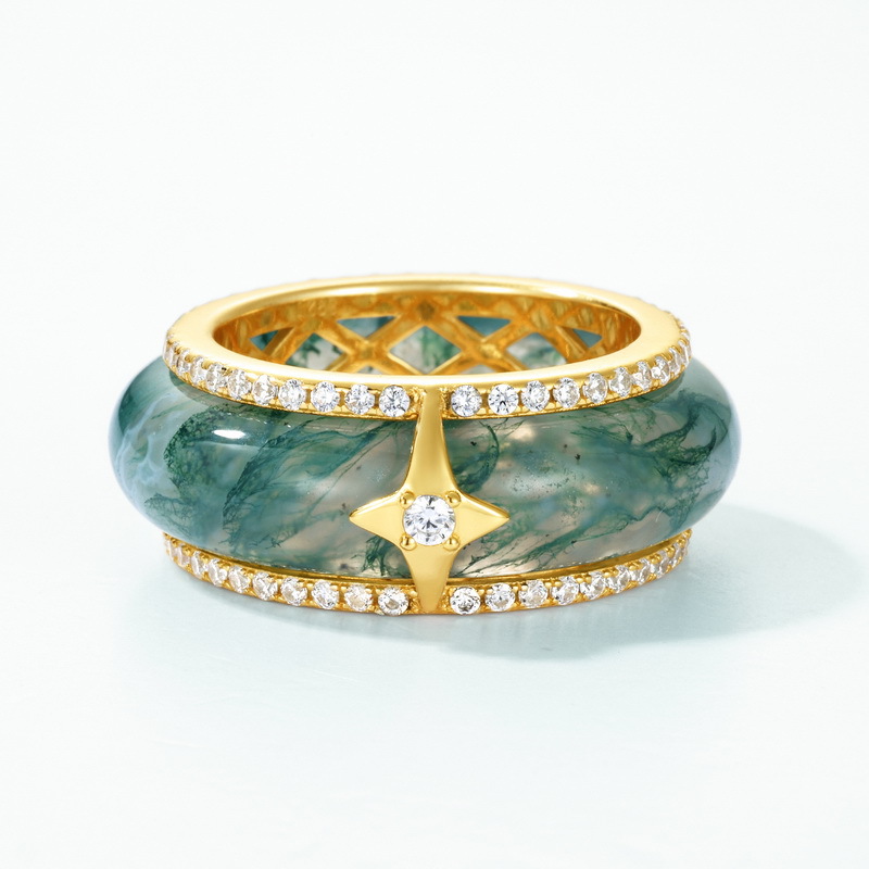 Nuevo anillo de ágata de hierba de agua natural de lujo ligero transfronterizo europeo y americano S925 anillo de dedo de piedra de musgo verde chapado en oro plateado dos
