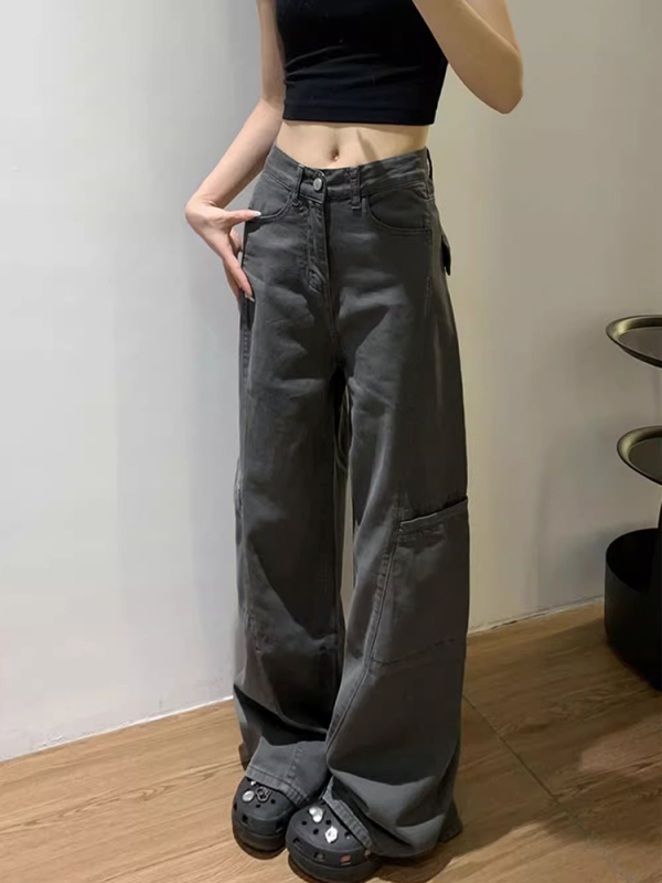 灰色工装裤女2025新款大码胖mm高腰显瘦宽松直筒垂感拖地阔腿裤子|undefined