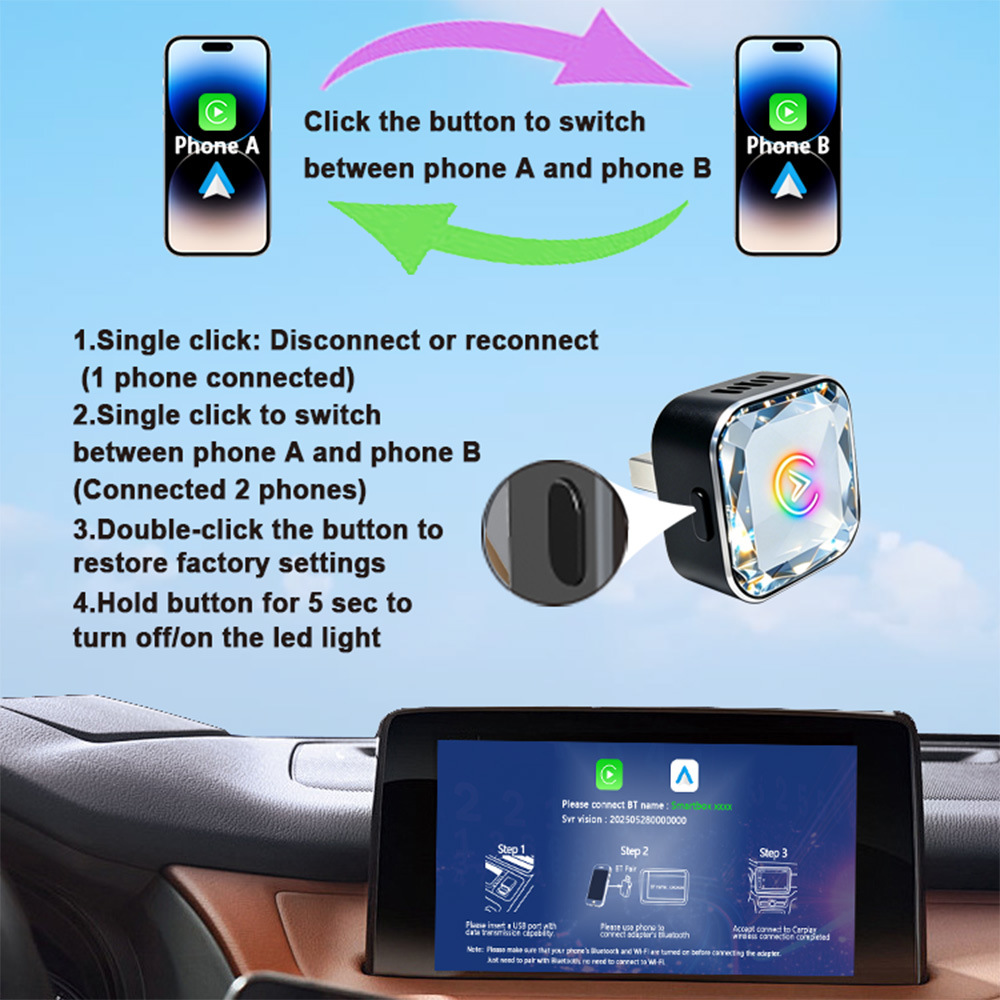Cross-Border Popular Car-Mounted Wireless Carplay Adapter Android Auto 2-in-1 Wired to Wireless Adapter