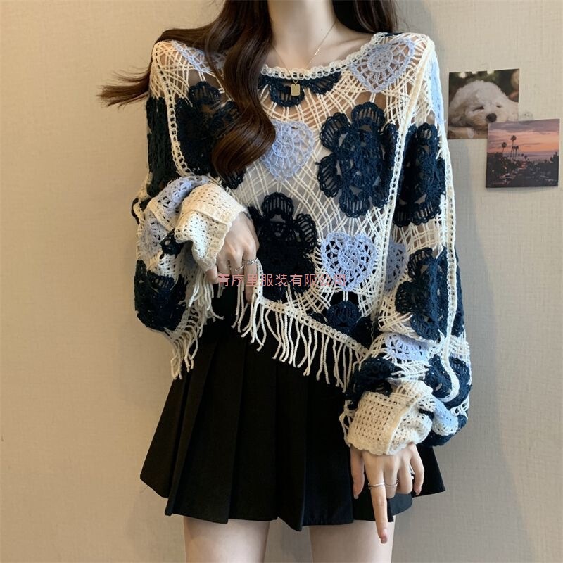 Retro French-Style Tassel Crochet Knit Sweater for Women, Summer Plus-Size, High-End, Loose-Fitting, Elegant, Slimming Long-Sleeve Top