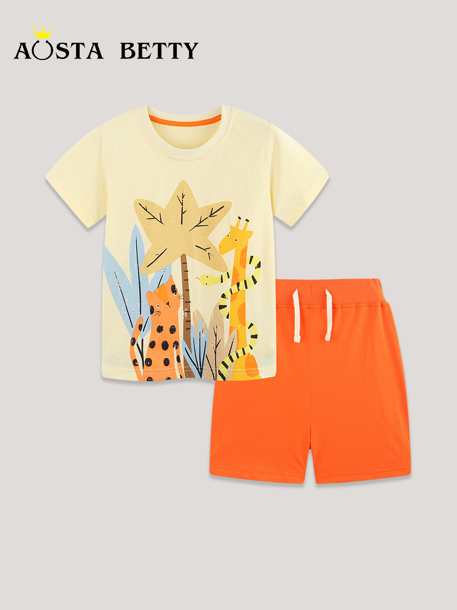 AostaBetty juego de niños de algodón de punto camiseta de manga corta de dos piezas de estilo europeo y americano juego de deportes para niños transfronterizos