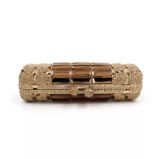 Túi clutch dạ tiệc hình trụ kim loại nạm kim cương vàng hoa mơ — Màu vàng