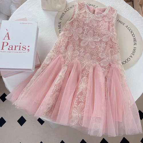 New Girls' Summer Floral Fish-Tail Dress with Pearly Net Top for Children - Birthday Party Gown