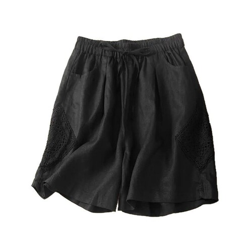 2025 cotton and linen shorts, women's summer retro hollowed-out hook pattern, women's literary lace casual pants, slimming loose straight pants