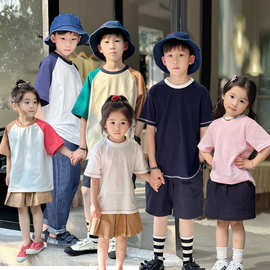 儿童华夫格短袖T2024夏季新款中小童男女孩韩版圆领拼色洋气 童装