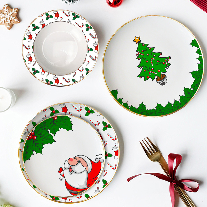 Christmas and New Year Themed Bone China Tableware Santa Claus Steak Dessert Pasta Gold-Rimmed Plate Cake Plate Salad Bowl