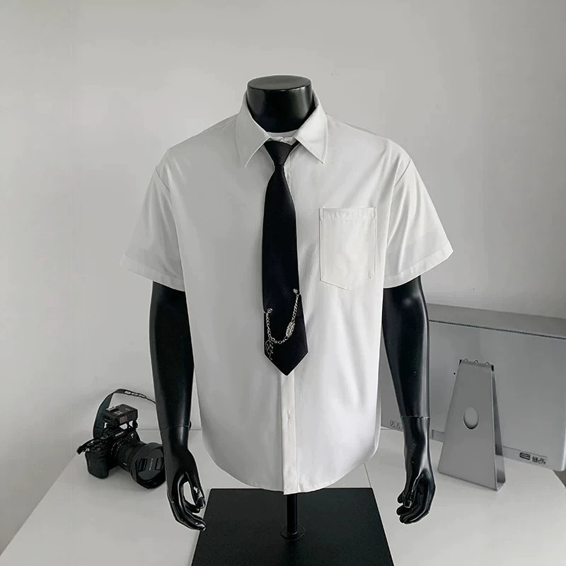 2026 retro detachable tie decoration plus-size short-sleeve shirt men's high street summer casual fashion top stylish