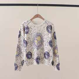 秋冬新款地图星空印花圆领套头长袖针织衫打底外穿毛衣