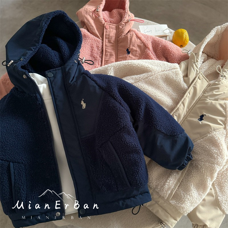 Children's Quilted Jacket 2024 Winter Style for Boys and Girls Lamb Wool Spliced Hooded Cotton Jacket for Boys and Girls Trendy Brand Wool Sweater
