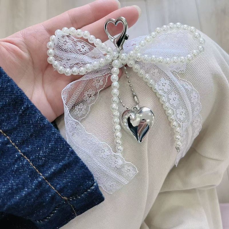 Cc28 Girly Heart Lace Pearl Bow Bag Pendant Ins Style Keychain Accessories Heart Pendant