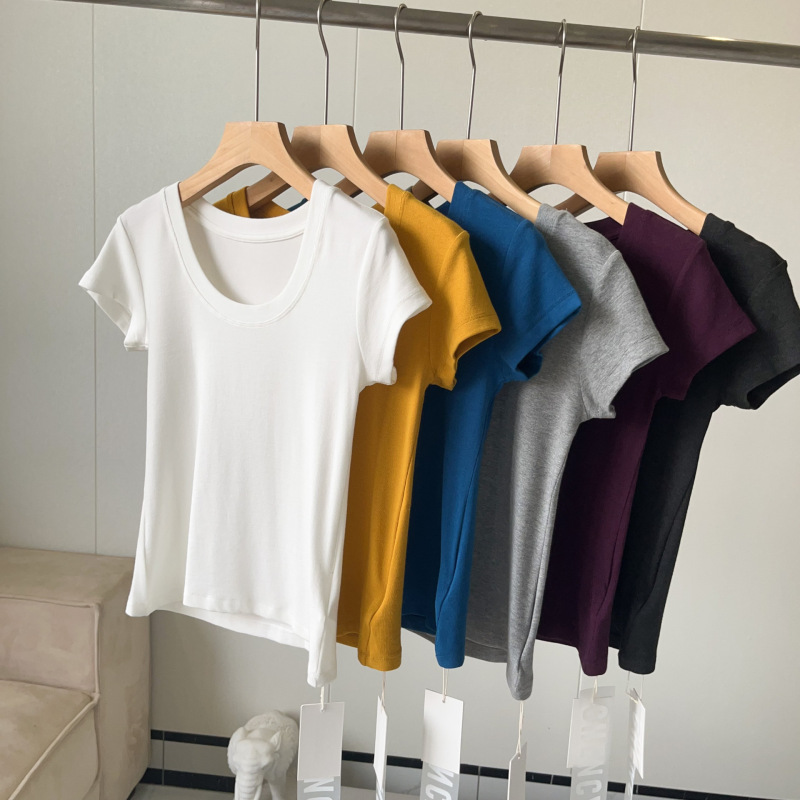Dopamine U-Neck Short-Sleeve Top for Women, Summer Fresh High-Elastic Slim-Fit Regular Shoulder T-Shirt, Casual Simple Inner Wear Shirt