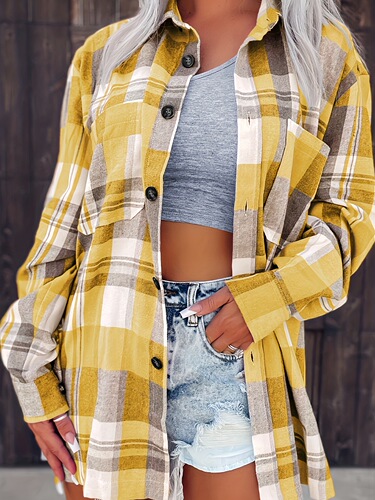 Women's yellow checkered blazer-style top, women's shirt for women