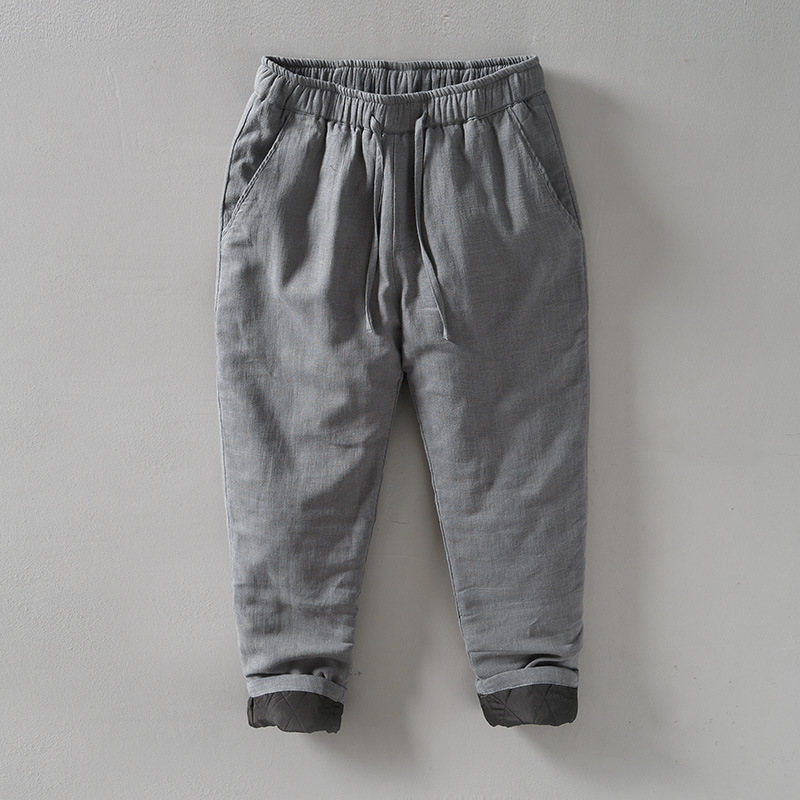 L8233 Elastic Waist Straight Leg Warm Thick Ramie Cotton Pants Men's Retro Loose Drawstring Slim Fit Casual Long Pants
