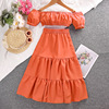 Summer dress, children's small princess costume, orange skirt, 2023 collection, western style, suitable for teen, puff sleeves