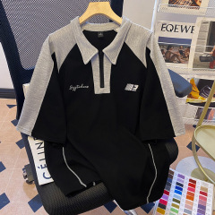 トレンドブランドポロカラーハーフジップコントラストカラー半袖Tシャツレディース2025夏ルーズミドル丈アメリカンレトロトップ