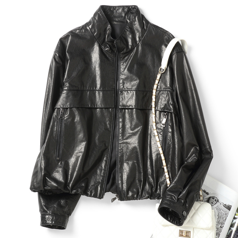 New Genuine Leather Jacket for Women, Top Layer Oil Wax Cowhide, Short Biker Jacket, Versatile