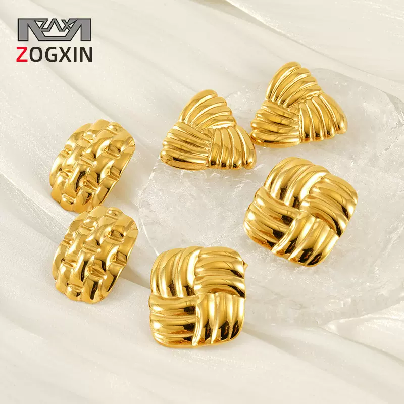 欧美INS风18k金不锈钢耳环螺旋回旋田字格耳环几何形条纹耳饰批发