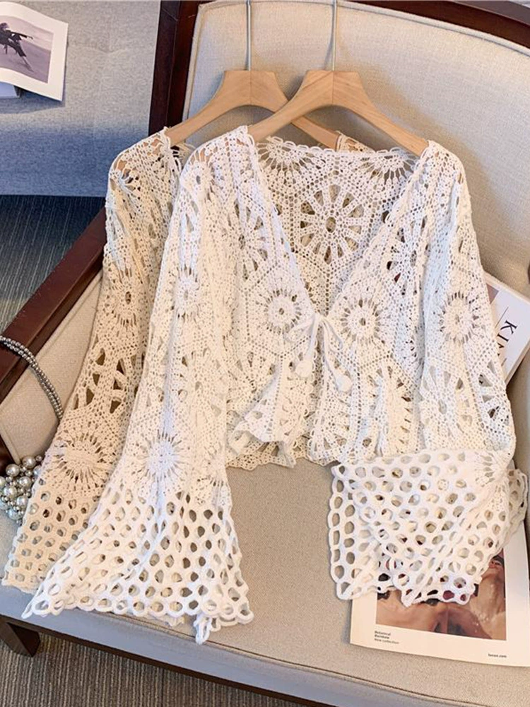 Летний кардиган длинный рукав бохо крючком, one size, лёгкое пляжное накидка