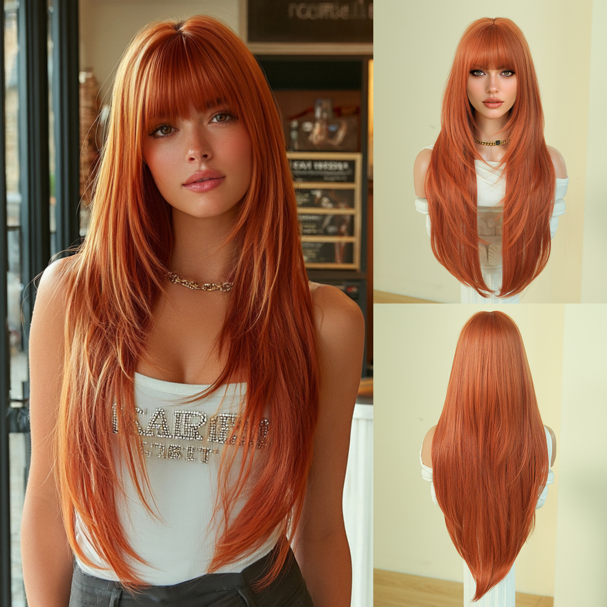 Peruca de moda femenina cara redonda capa de cabello recto super largo cabello negro completo peluca de alta calidad fibra química cubierta de cabeza