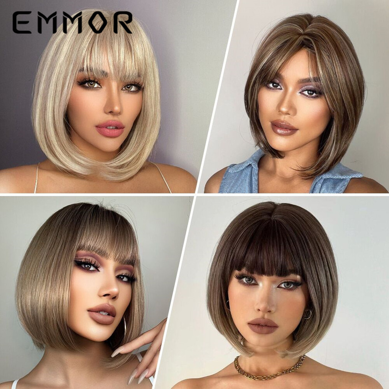 Cross-border e-commerce foreign trade new short straight hair neat bangs bobo head European and American chemical fiber wig women's full head cover manufacturers