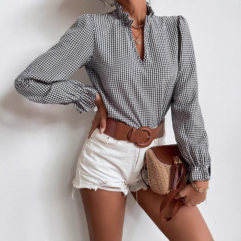 Women's check lace collar shirt