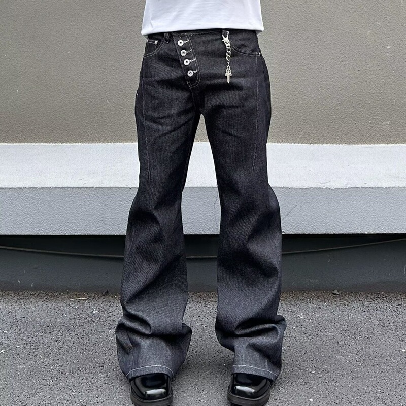 American High Street Retro Hediboy Style Diagonal Placket Five-Button Design Cool and Stylish Raw Denim Straight-Leg Jeans for Men