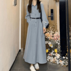 小个子蓝色气质衬衫连衣裙子女装初秋高级感法式长裙