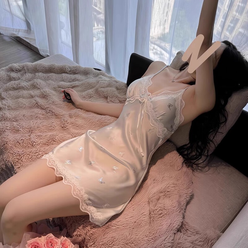 Sexy Hot-Stamped Butterfly Suspender Nightgown for Women, Pure Desire Style Nightdress with Chest Pads, Sweet Ice Silk Lace Homewear