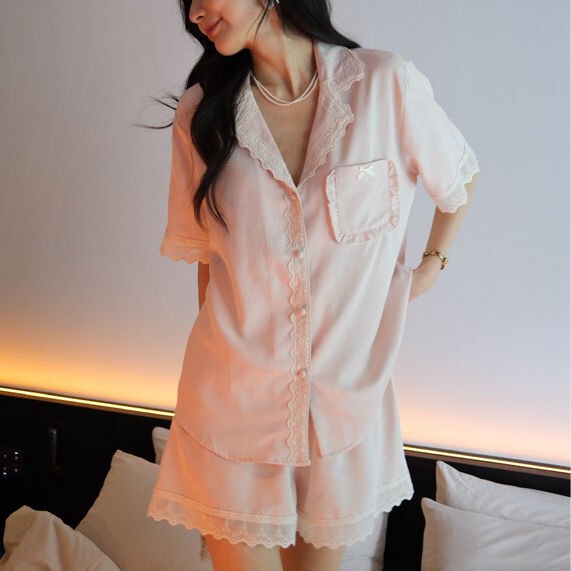2026 Summer New Women's Loungewear Aile Jacquard Cotton Simple Lace Lapel Short-Sleeve Shorts Pajama Set