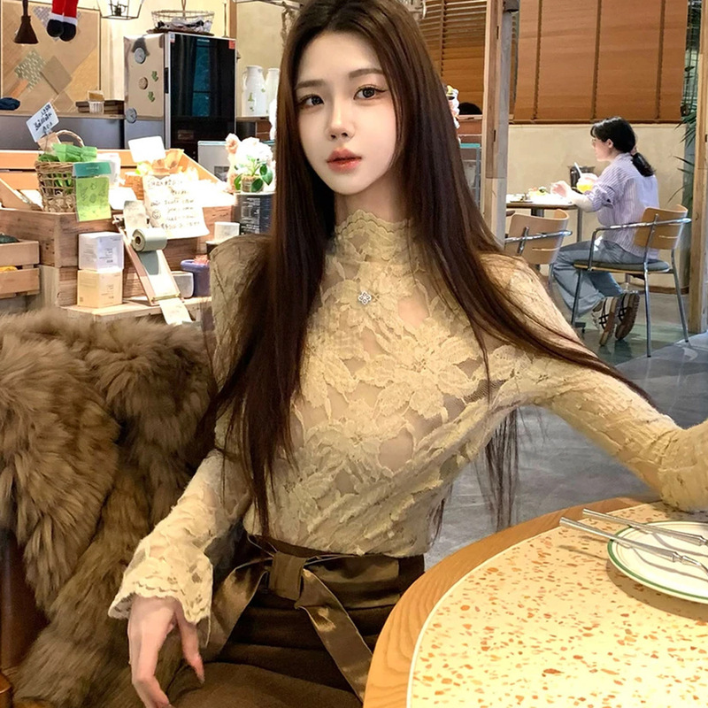 French-Style Chanel-Inspired Hollow-Out Lace Blouse, Beautiful and Exquisite, with Added Fleece Lining, Half-High Collar, Niche Long-Sleeve Top French-Style Chanel-Inspired Hollow-Out Lace Blouse, Beautiful and Exquisite, with Added Fleece Lining, Half-High Collar, Niche Long-Sleeve Top