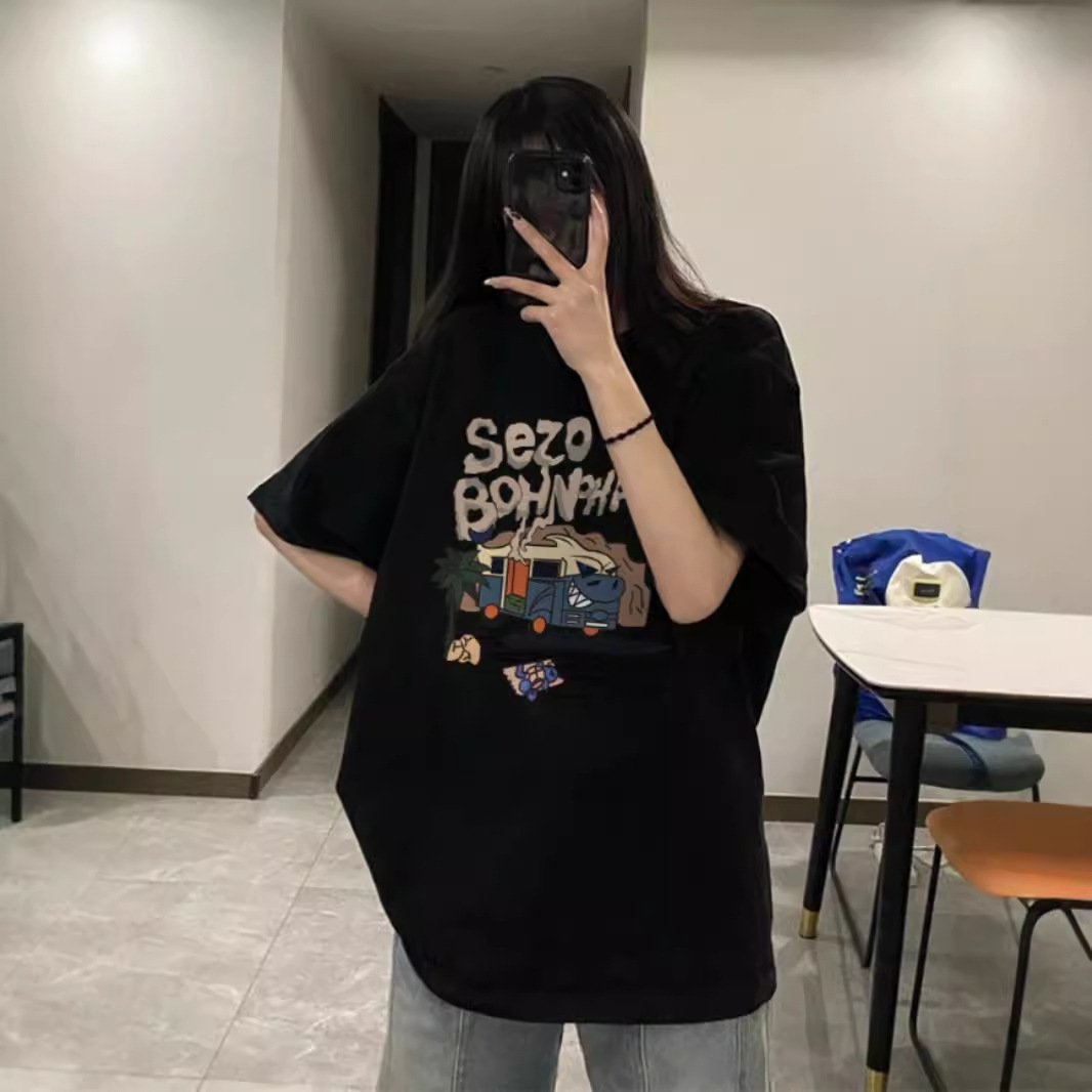 黑色纯棉休闲半袖宽松oversize夏季短袖T恤女装2024新款大版上衣