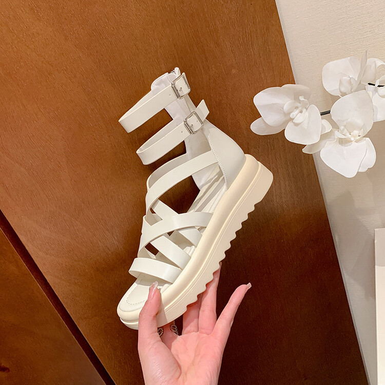 Sandal đế dày nữ da bò quai chéo hở ngón cao cổ mùa hè — Màu đen, Màu trắng be chi tiết 12