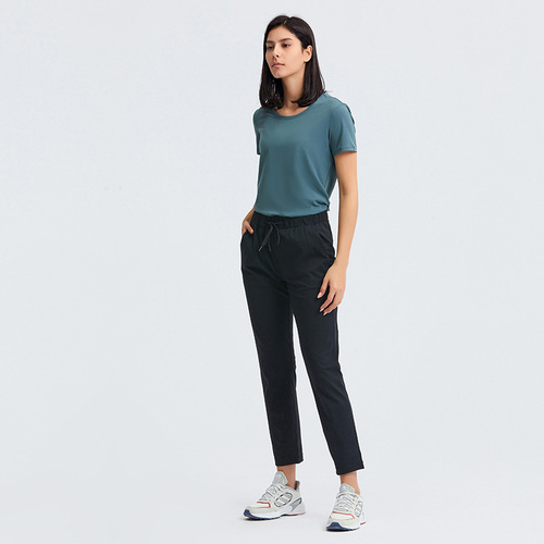 Cross-border new loose straight yoga pants drawstring waist drape sports casual stretch nine-point pants for women