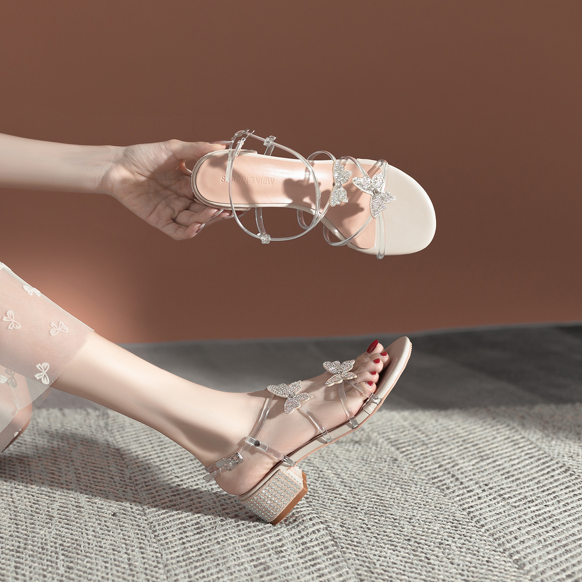 Spot rhinestone butterfly transparent thin with fairy style square sandals summer new mid heel thick heel shoes women's all-match